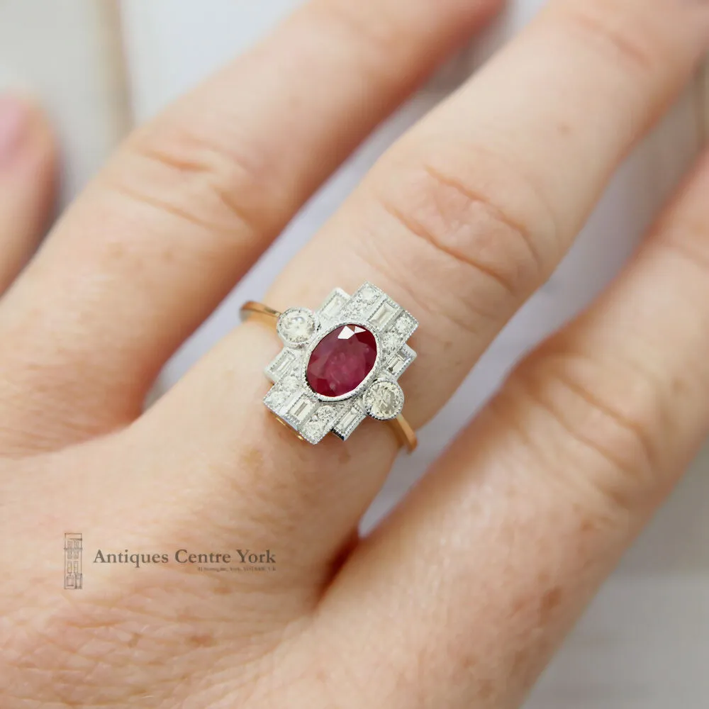 Deco Style 18ct Ruby & Diamond Cluster Ring