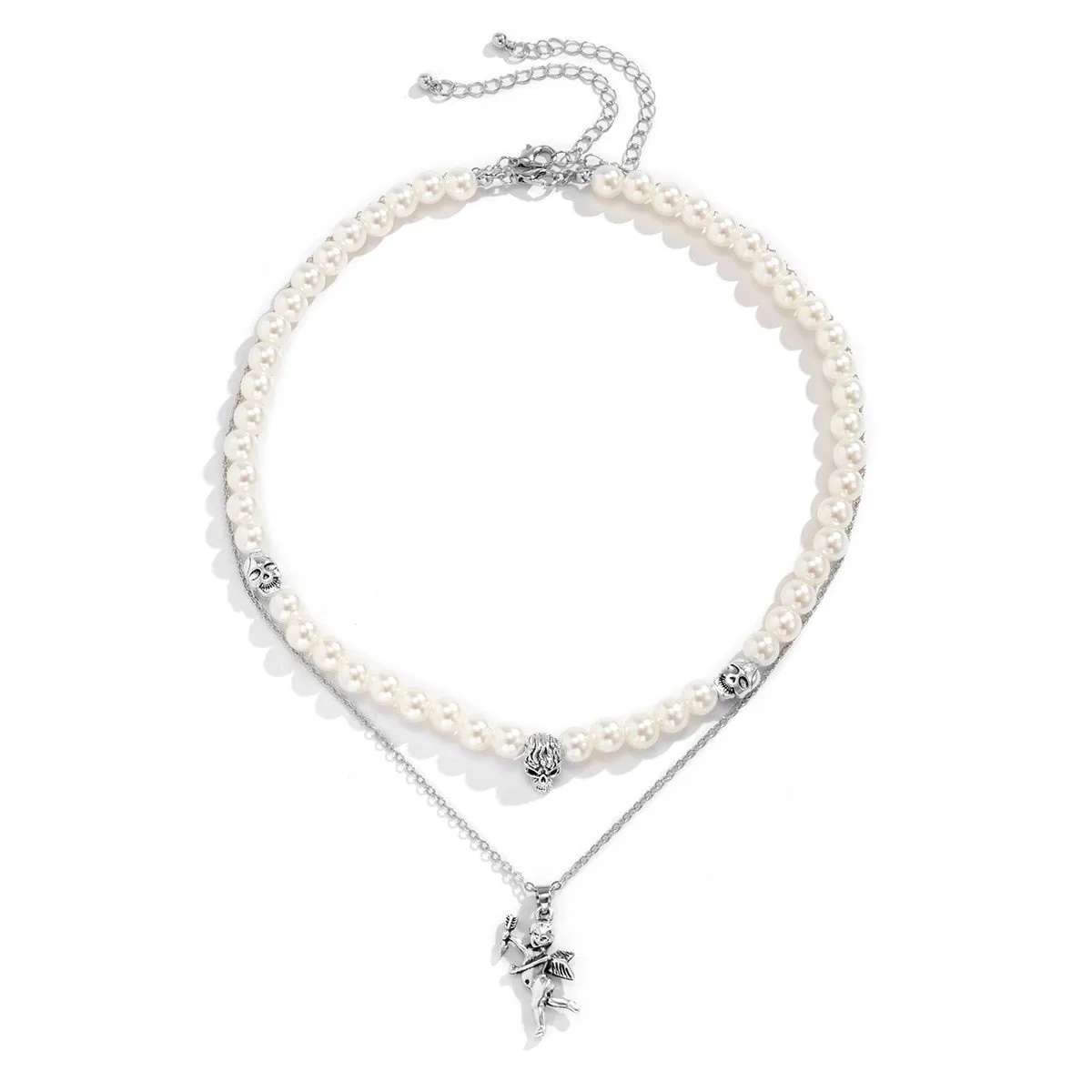 Double Layer Skull Pearl Necklace & Cupid Angel Necklace