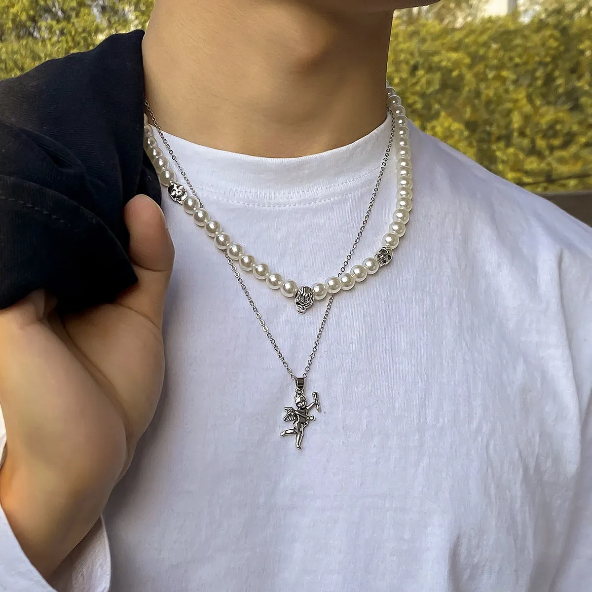 Double Layer Skull Pearl Necklace & Cupid Angel Necklace