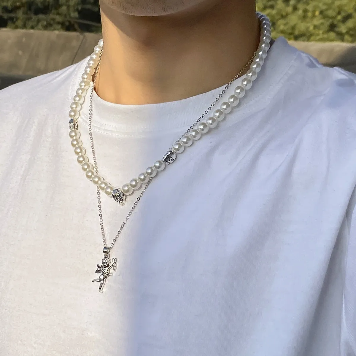 Double Layer Skull Pearl Necklace & Cupid Angel Necklace