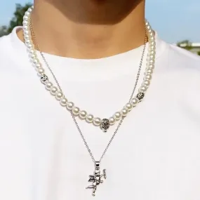 Double Layer Skull Pearl Necklace & Cupid Angel Necklace