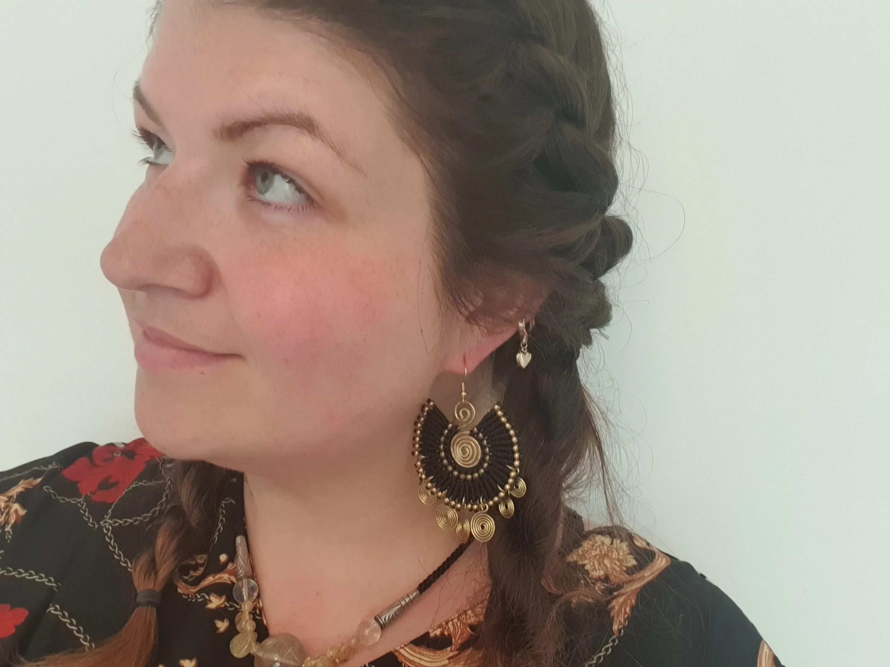 EGYPTIAN QUEEN Tribal bohemian spiral earrings, gold wire macramé black statement ethnic hippie earrings, Thai handmade large earrings for women queens