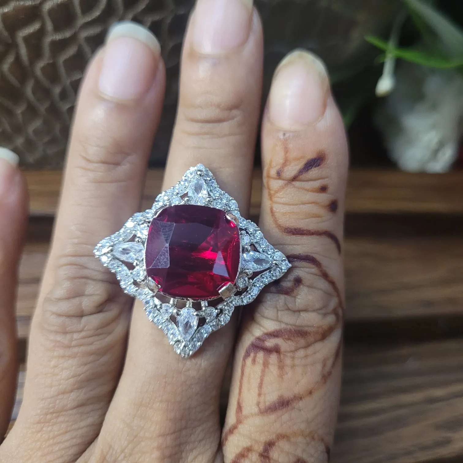 Eshaa Red Diamond Adjustable Cocktail Ring