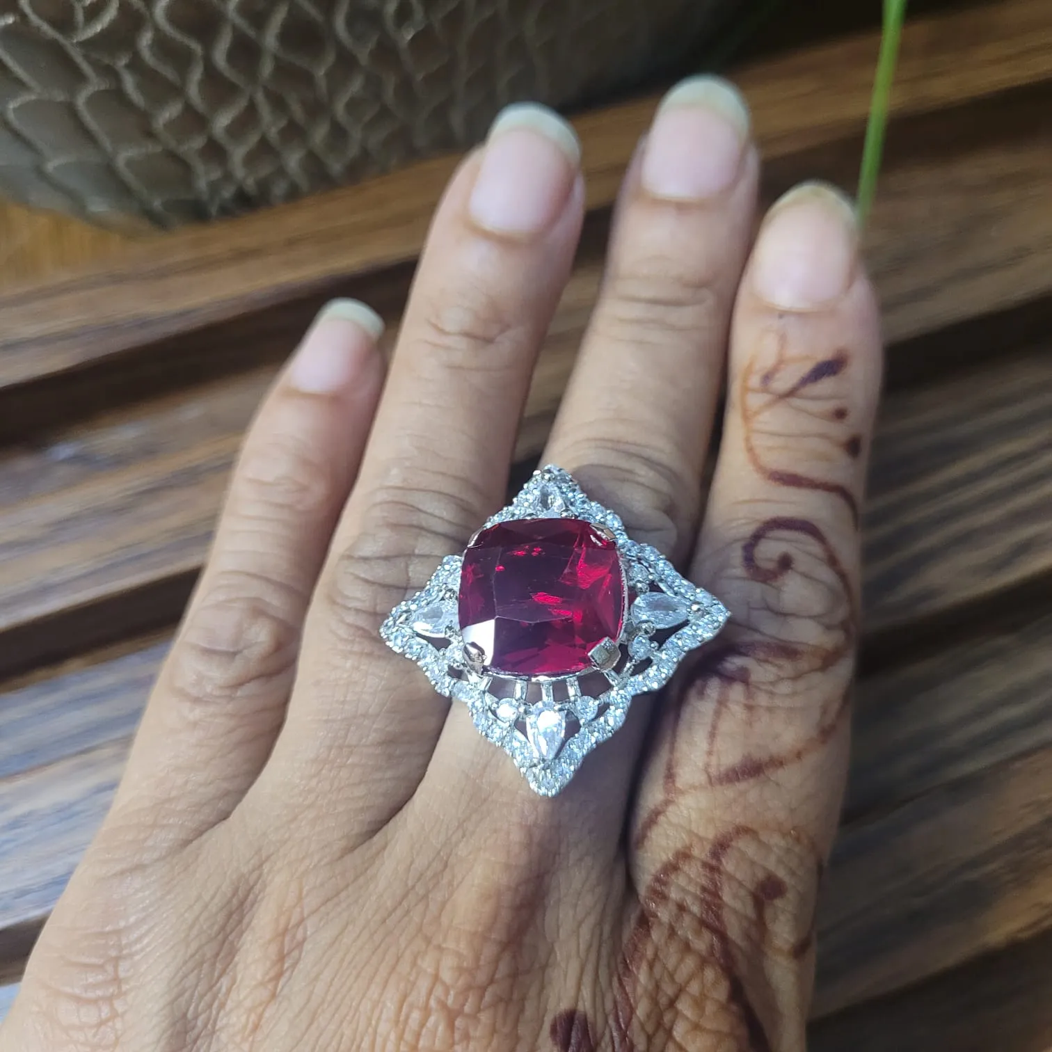 Eshaa Red Diamond Adjustable Cocktail Ring