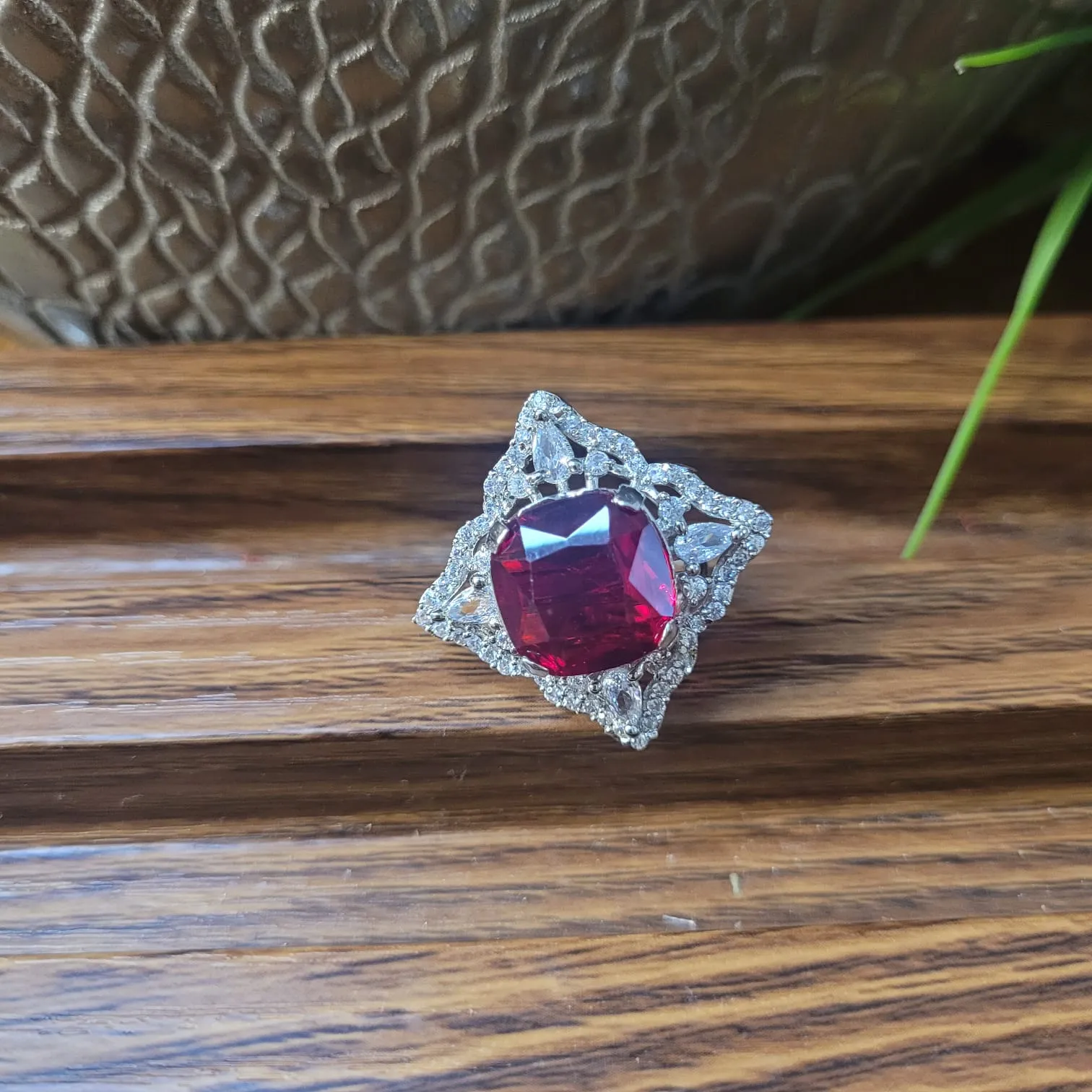 Eshaa Red Diamond Adjustable Cocktail Ring