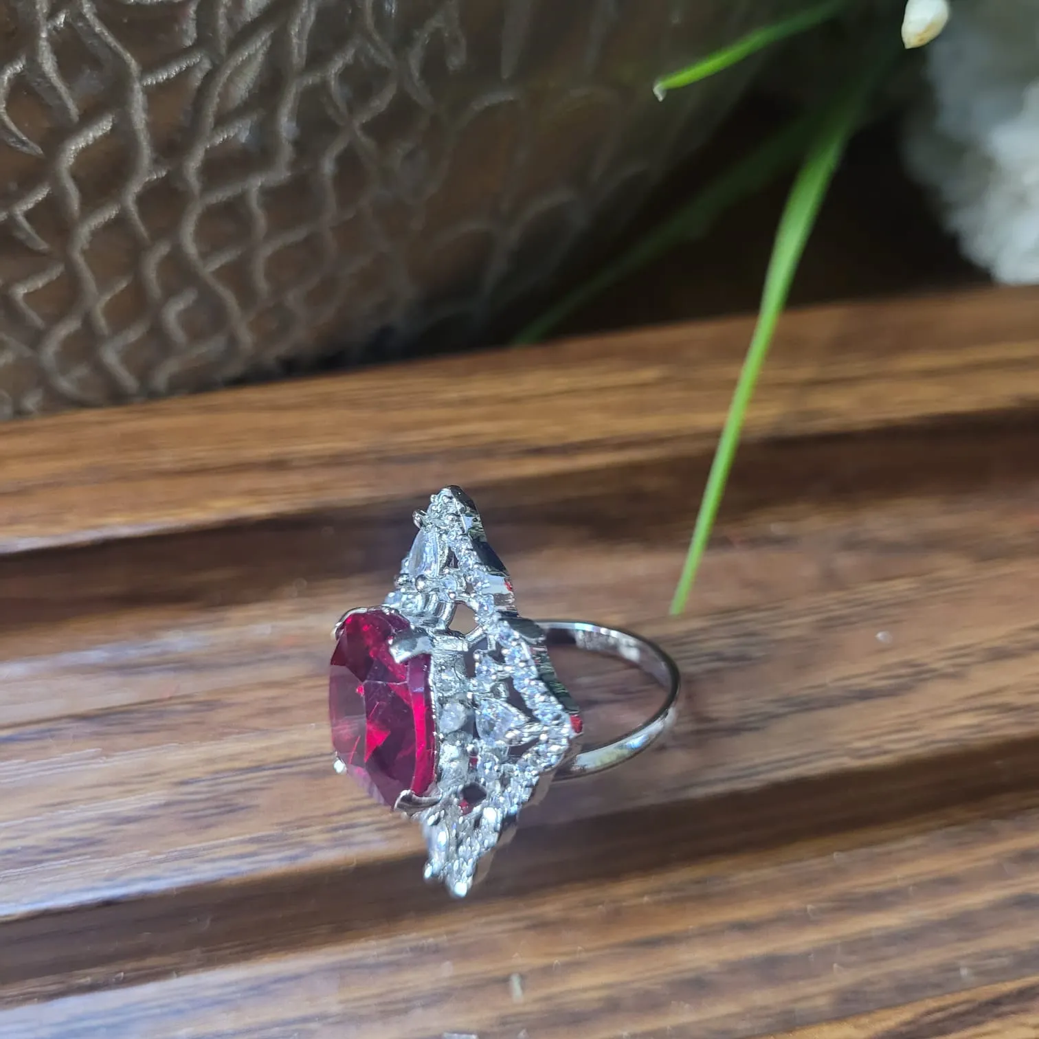 Eshaa Red Diamond Adjustable Cocktail Ring