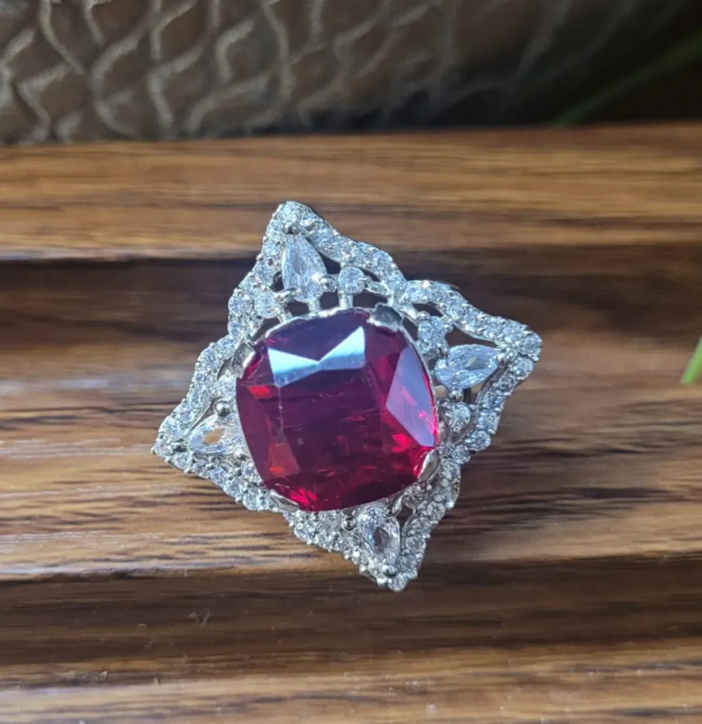 Eshaa Red Diamond Adjustable Cocktail Ring