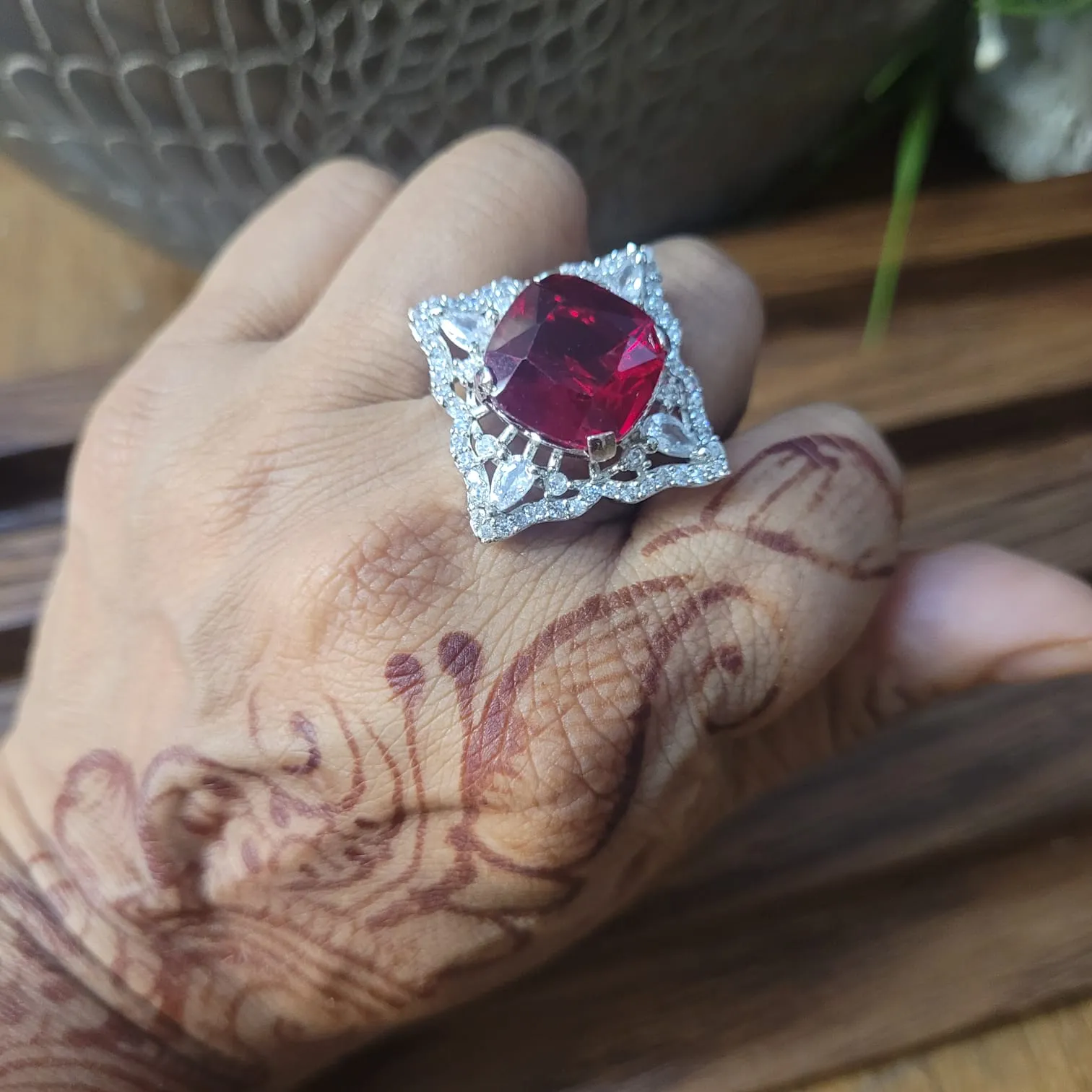 Eshaa Red Diamond Adjustable Cocktail Ring