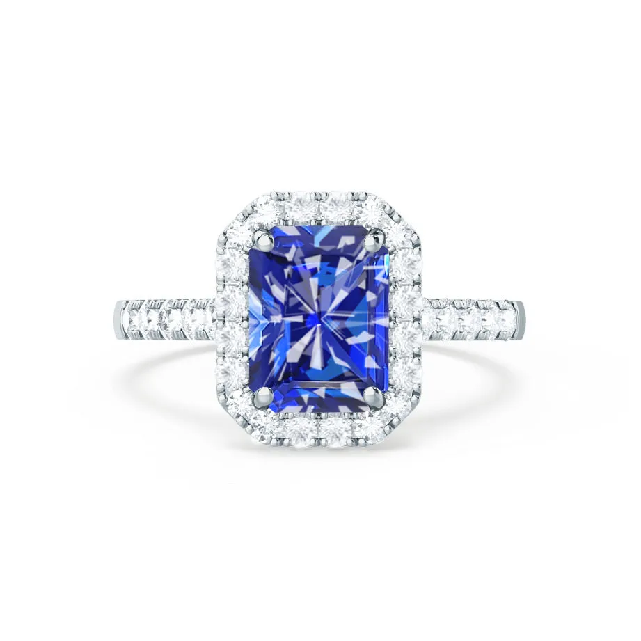 ESME - Chatham® Radiant Lab-Grown Blue Sapphire & Diamond 18k White Gold Halo