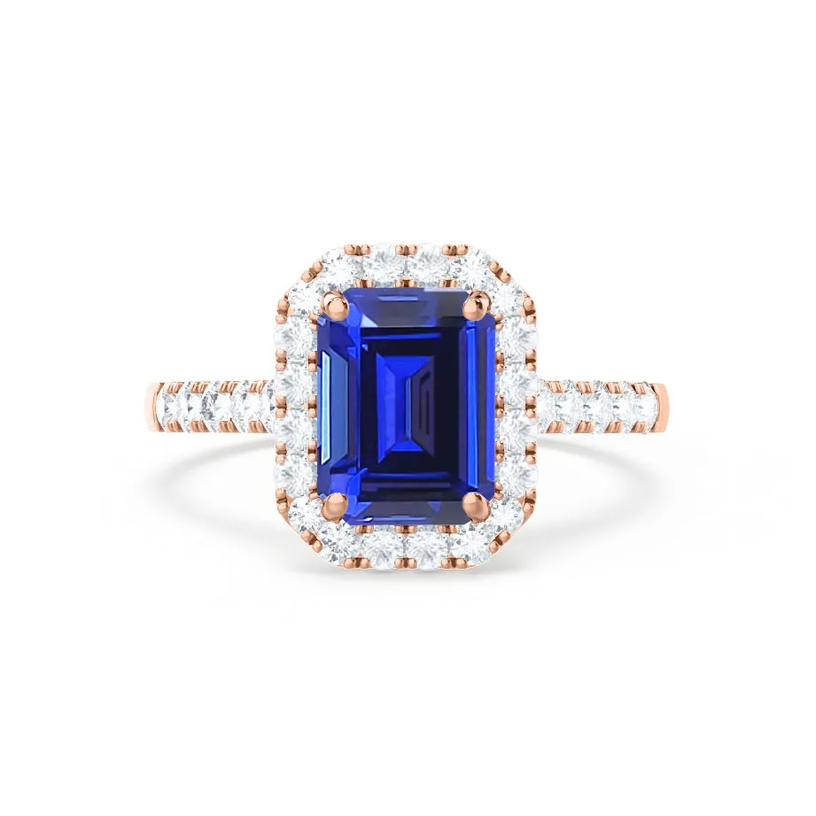 ESME - Emerald Lab-Grown Blue Sapphire & Diamond 18K Rose Gold Halo
