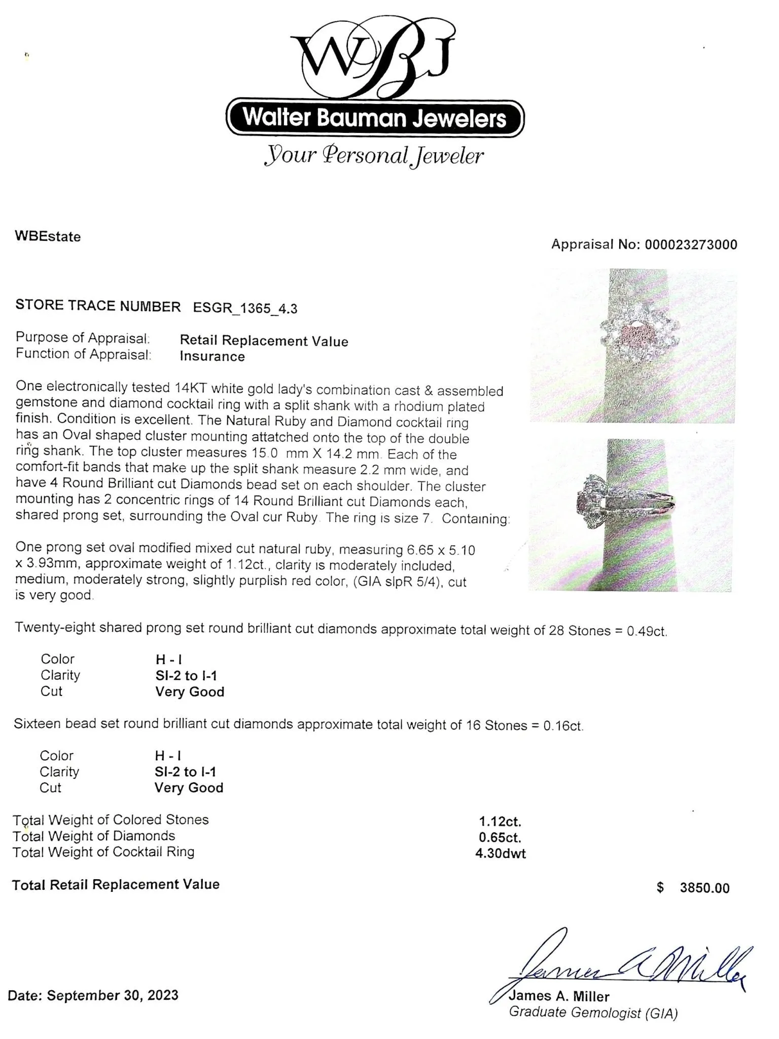 Estate 14K W Gold 1.12ct Ruby & 0.65cttw H-I/SI2-I1 Diamond Cocktail Ring