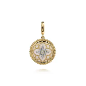Gabriel & Co. Yellow Gold 1/10ctw Diamond and Mother of Pearl Bujukan Medallion Pendant 18mm