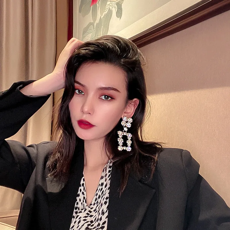 Geometric Rhinestone Drop Earrings for Women Oversize Rectangle Dangle Earrings