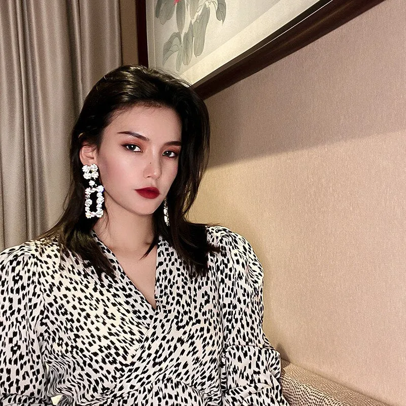 Geometric Rhinestone Drop Earrings for Women Oversize Rectangle Dangle Earrings