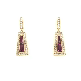 Geometric Shaped Rhodolite Garnet and Diamond Dangle Earrings