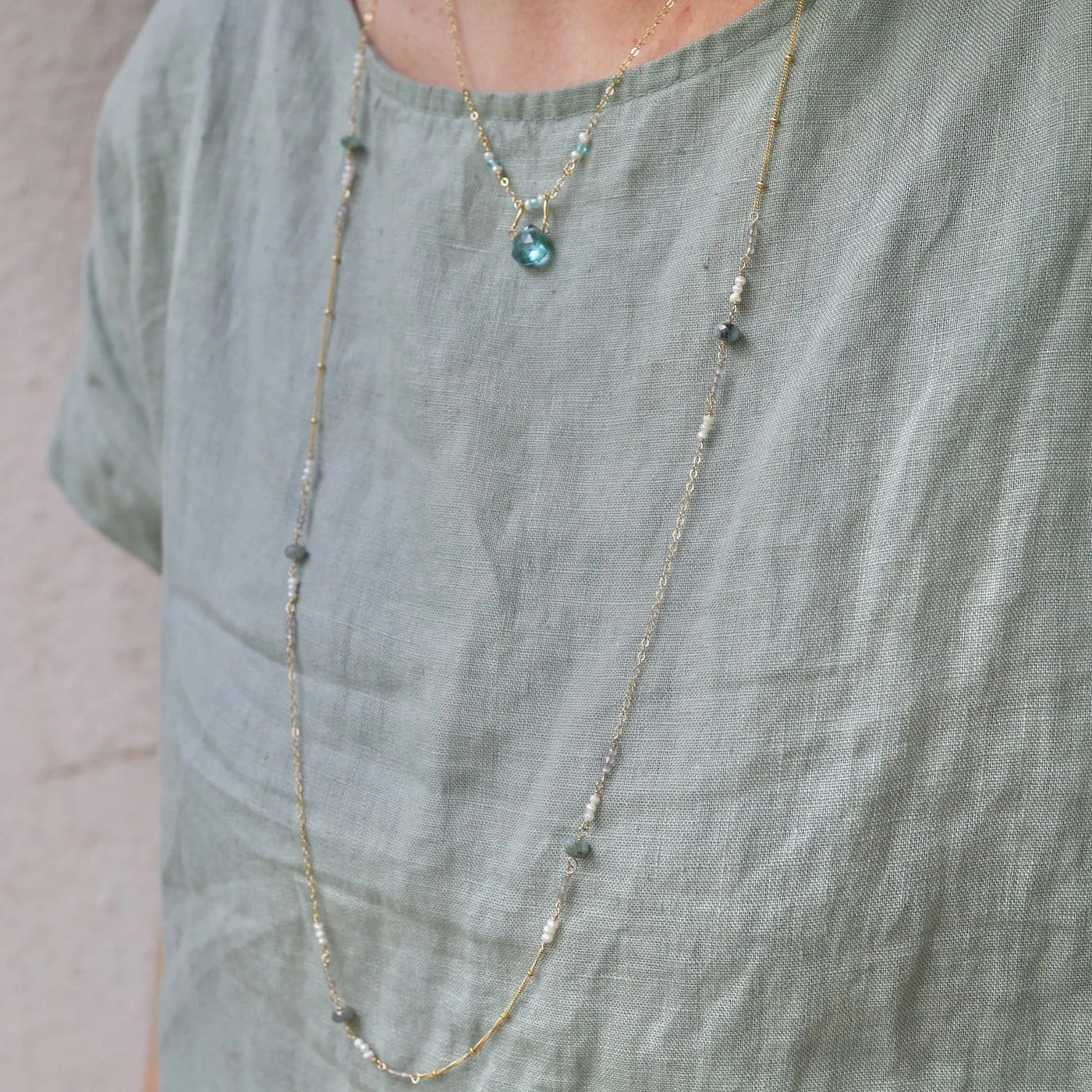 Gold Filled Drop Down Bar Link Blue Topaz Necklace