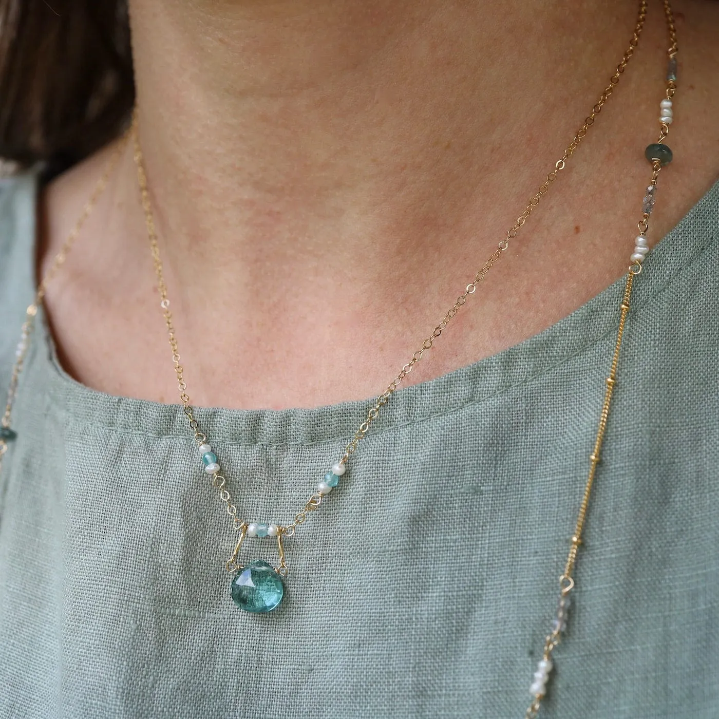 Gold Filled Drop Down Bar Link Blue Topaz Necklace