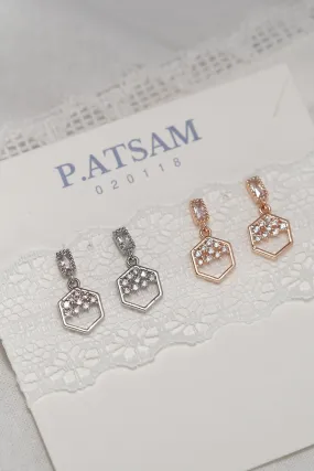 Gold Plated Hexagon CZ Drop Dangle Silver Stud Earring