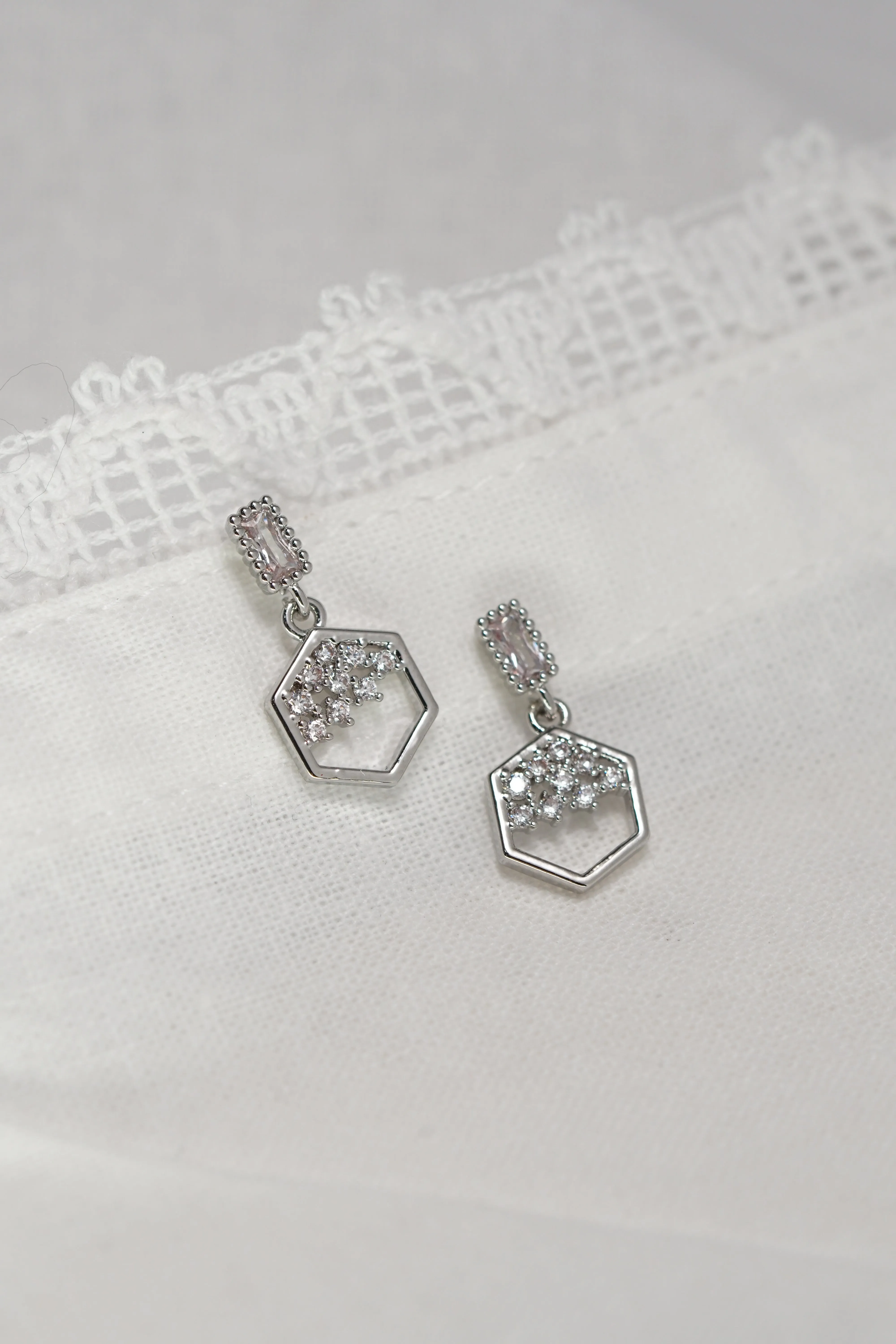 Gold Plated Hexagon CZ Drop Dangle Silver Stud Earring