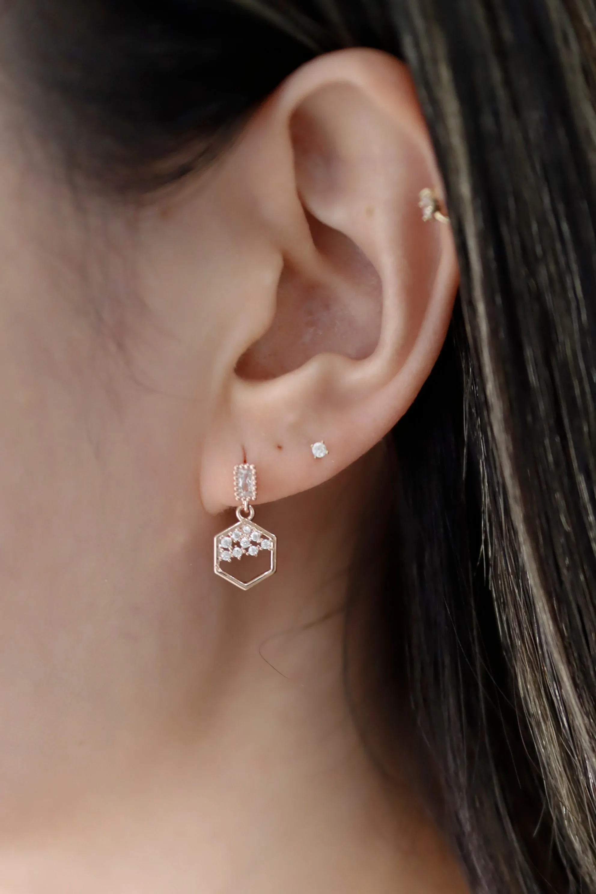 Gold Plated Hexagon CZ Drop Dangle Silver Stud Earring