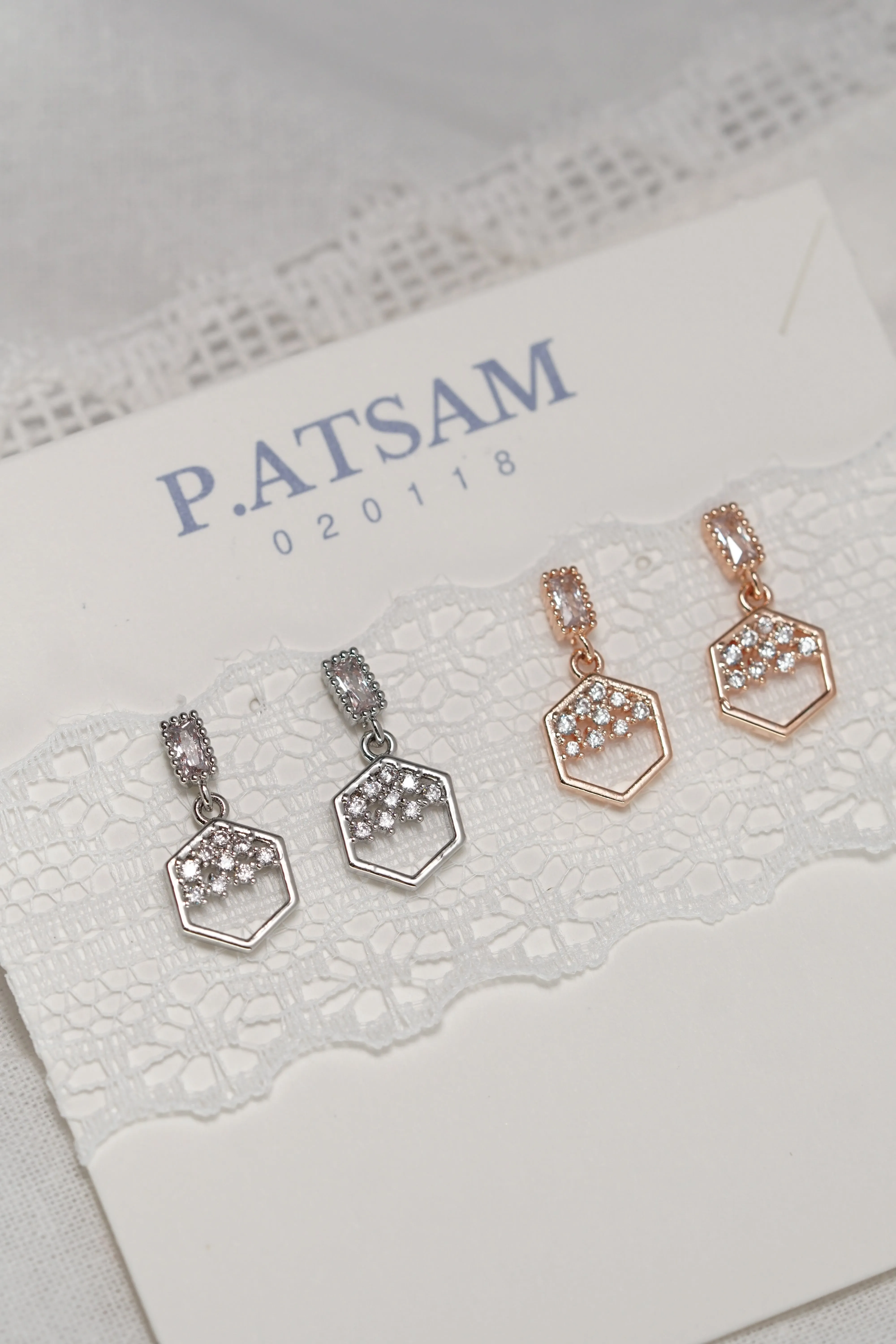 Gold Plated Hexagon CZ Drop Dangle Silver Stud Earring