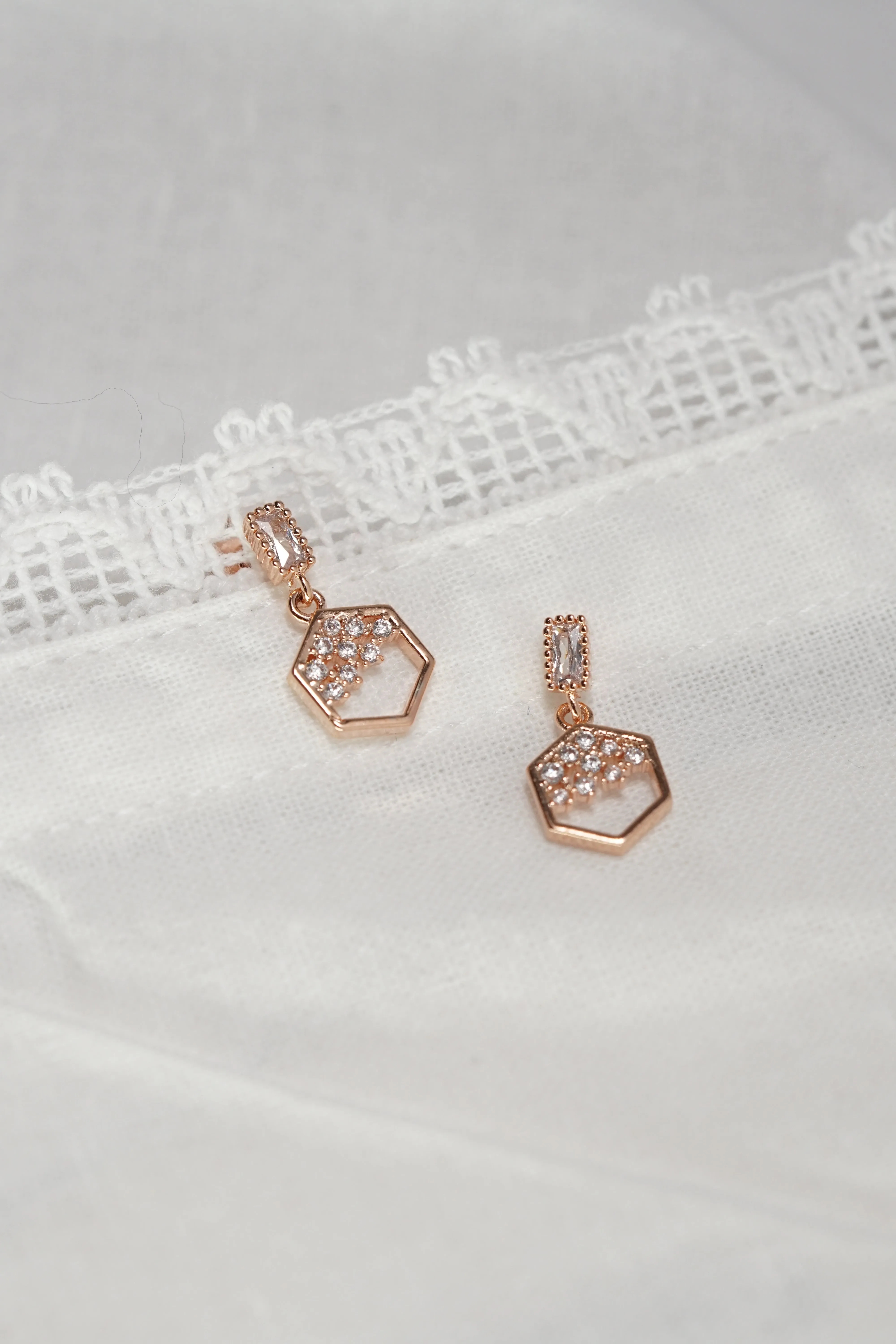 Gold Plated Hexagon CZ Drop Dangle Silver Stud Earring