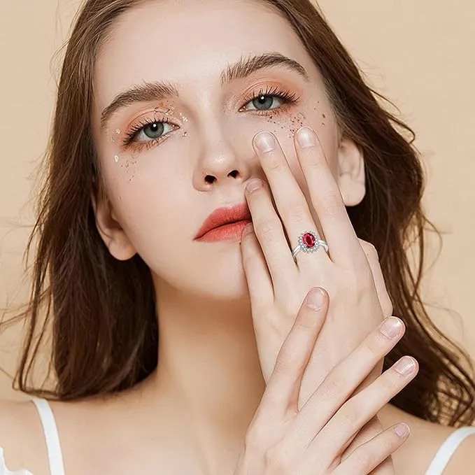 GULICX 925 Sterling Silver Rings for Women, Ruby Halo Engagement Rings, Eternity Promise Finger Ring Anniversary Ring for Her Gift