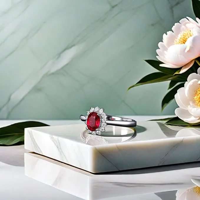 GULICX 925 Sterling Silver Rings for Women, Ruby Halo Engagement Rings, Eternity Promise Finger Ring Anniversary Ring for Her Gift