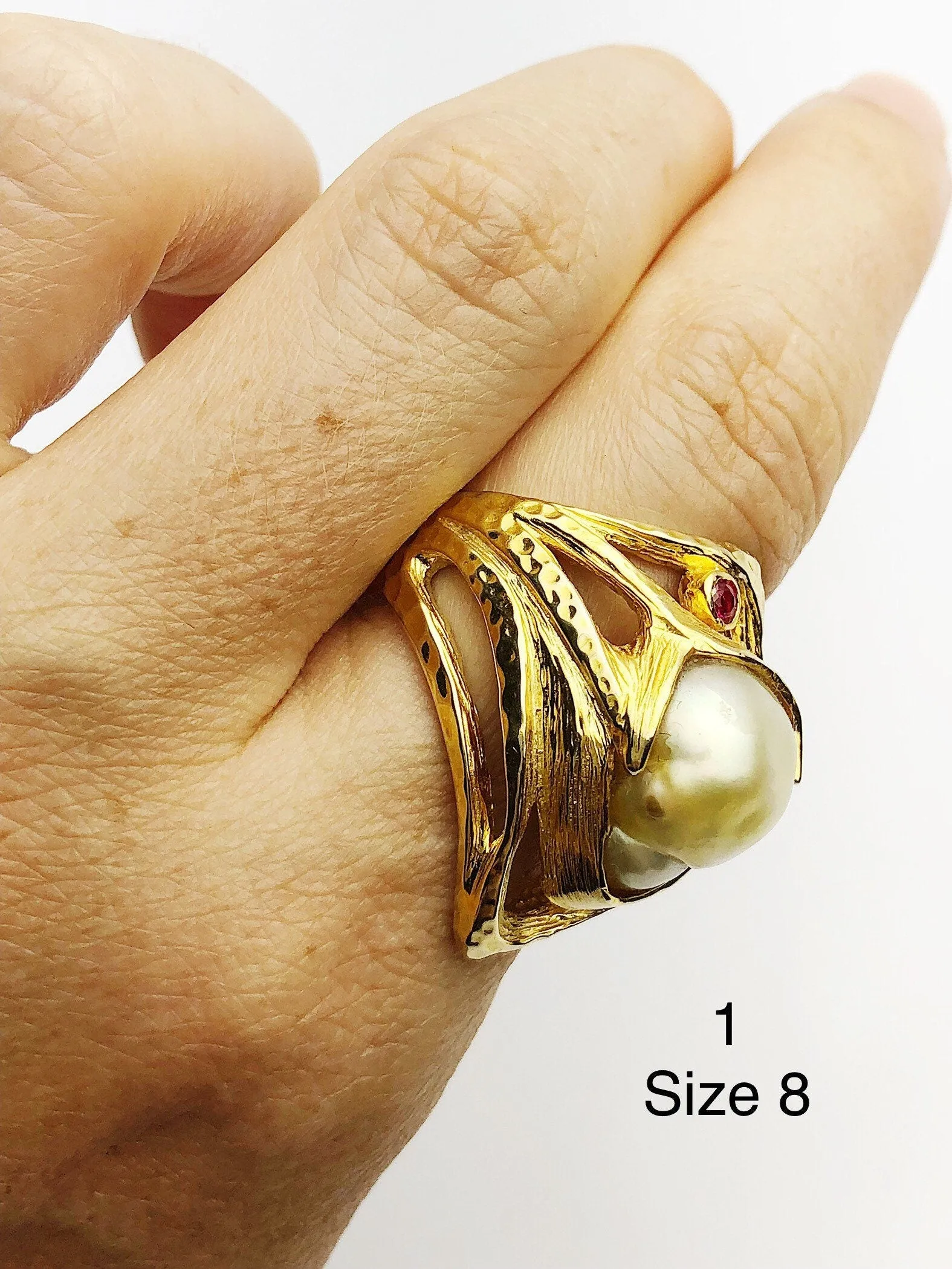 Handcarved Sterling Silver Plated 14K Gold South Sea Pearl Rings - Natural Color - Southsea Pearls - Statement Ring (425 Sz. 8,9,10)