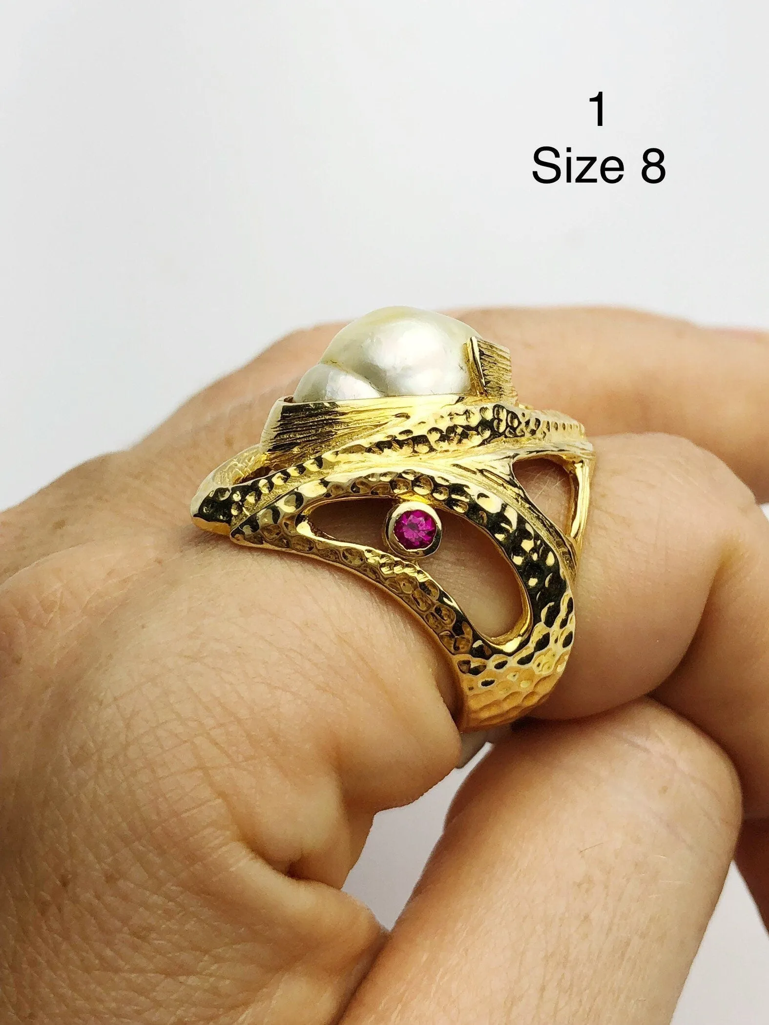 Handcarved Sterling Silver Plated 14K Gold South Sea Pearl Rings - Natural Color - Southsea Pearls - Statement Ring (425 Sz. 8,9,10)