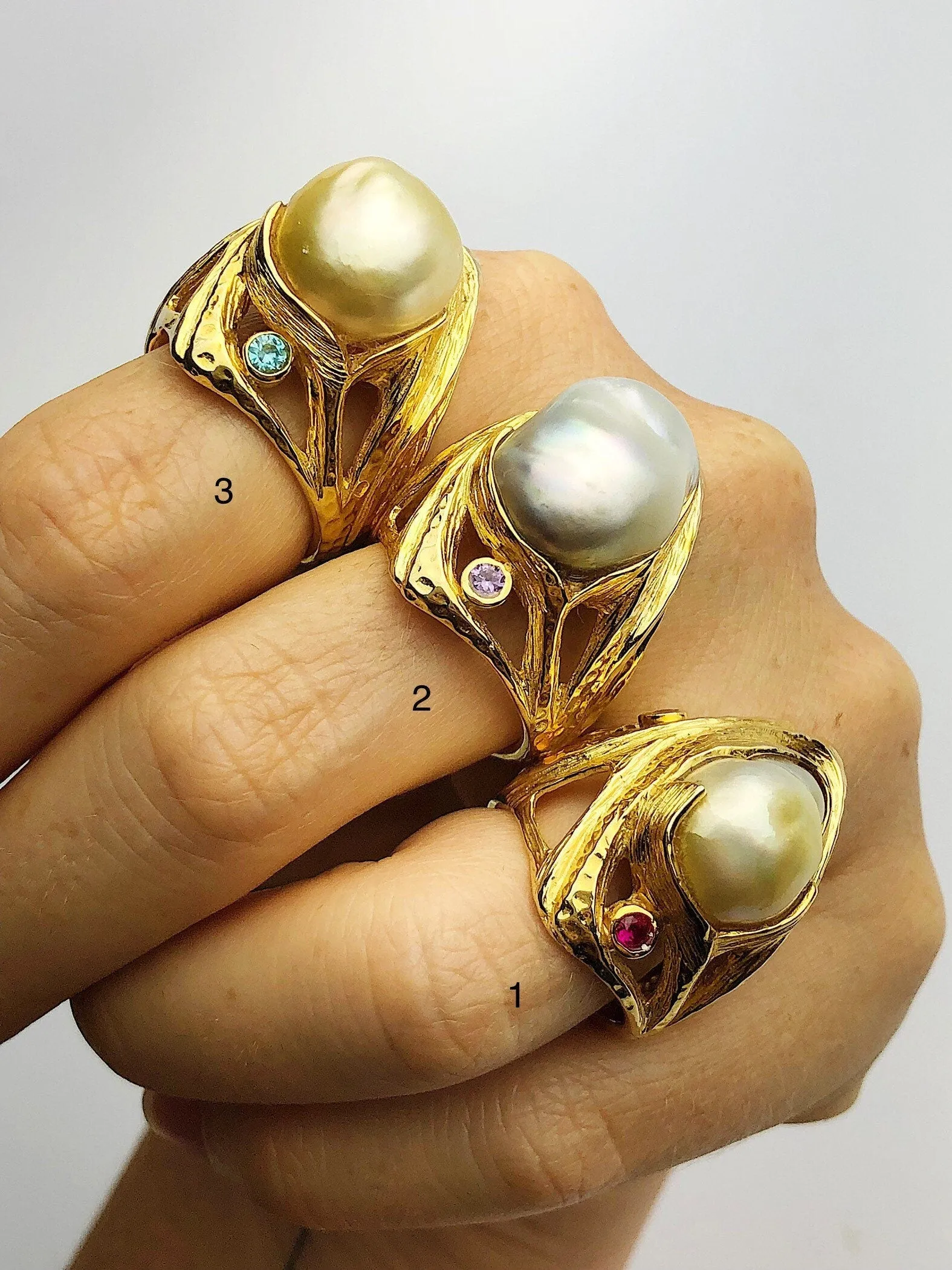 Handcarved Sterling Silver Plated 14K Gold South Sea Pearl Rings - Natural Color - Southsea Pearls - Statement Ring (425 Sz. 8,9,10)