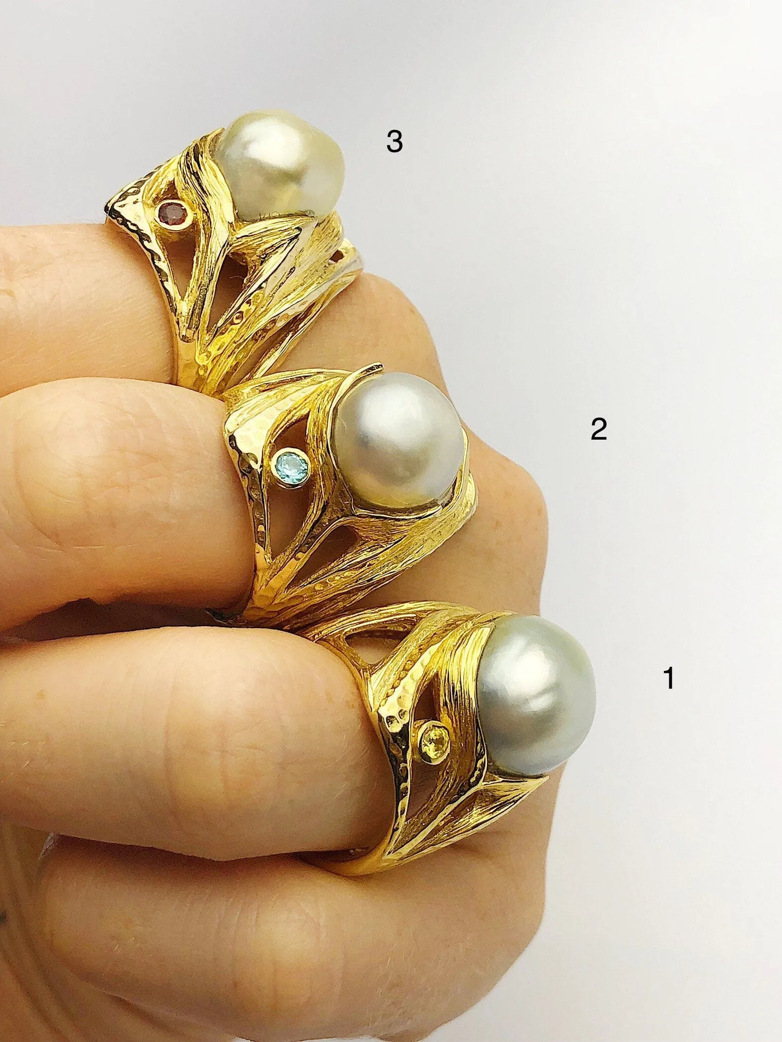 Handcarved Sterling Silver Plated 14K Gold South Sea Pearl Rings - Natural Color - Southsea Pearls - Statement Ring (430 Sz. 8.5,9,10)