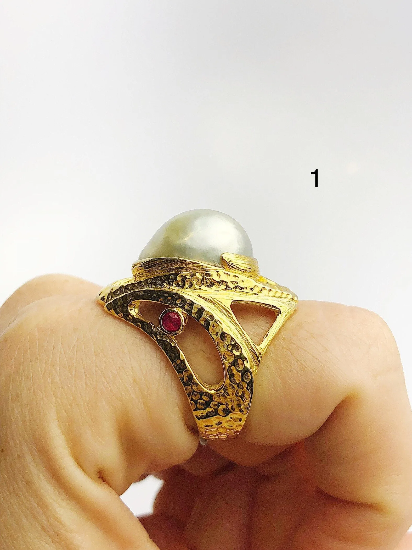 Handcarved Sterling Silver Plated 14K Gold South Sea Pearl Rings - Natural Color - Southsea Pearls - Statement Ring (430 Sz. 8.5,9,10)