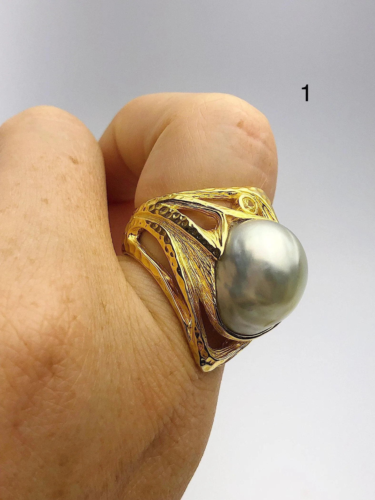 Handcarved Sterling Silver Plated 14K Gold South Sea Pearl Rings - Natural Color - Southsea Pearls - Statement Ring (430 Sz. 8.5,9,10)