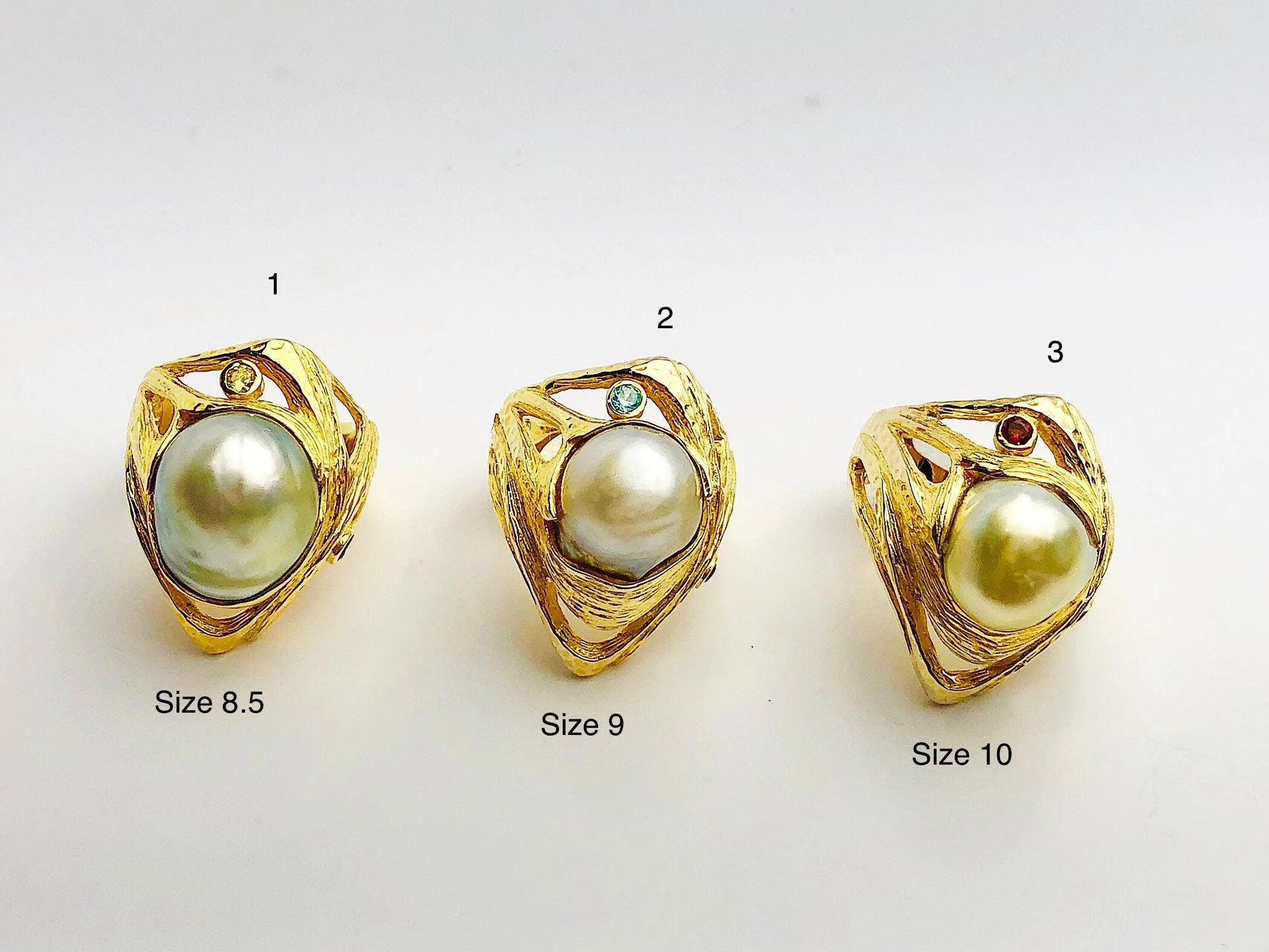 Handcarved Sterling Silver Plated 14K Gold South Sea Pearl Rings - Natural Color - Southsea Pearls - Statement Ring (430 Sz. 8.5,9,10)