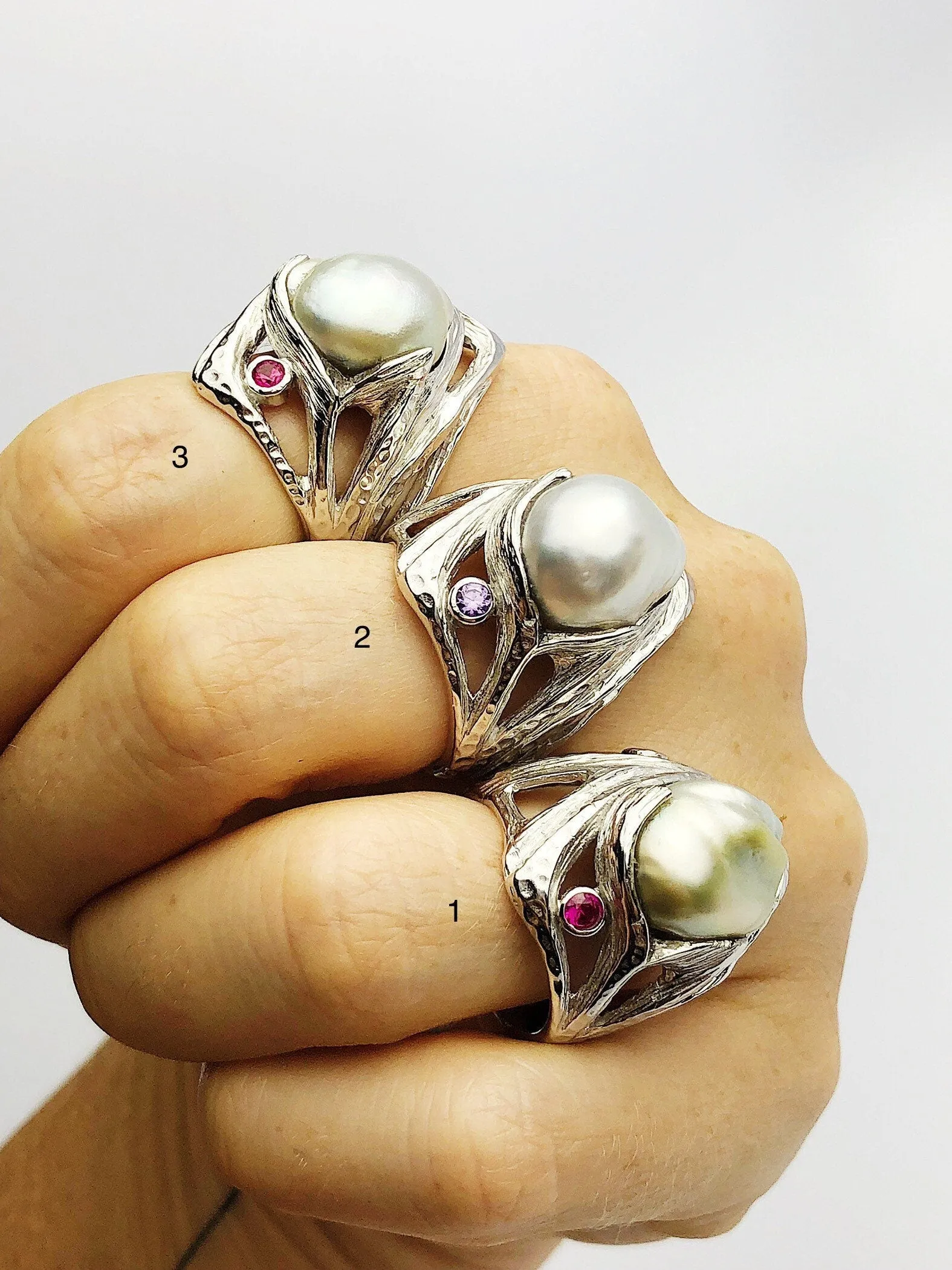 Handcarved Sterling Silver South Sea Pearl Rings - Natural Color - Southsea Pearls - Statement Ring (426 No. 1-3)