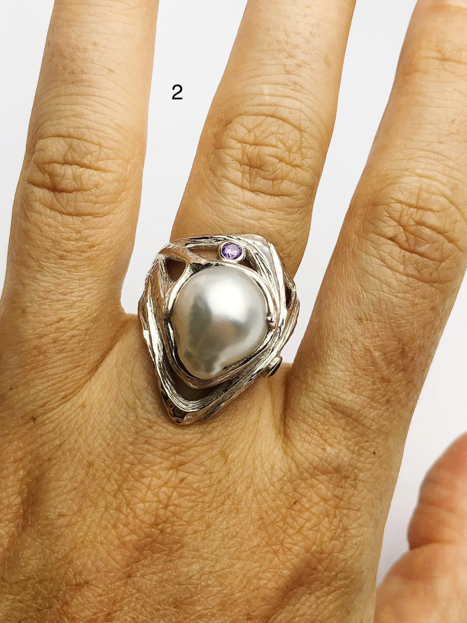 Handcarved Sterling Silver South Sea Pearl Rings - Natural Color - Southsea Pearls - Statement Ring (426 No. 1-3)
