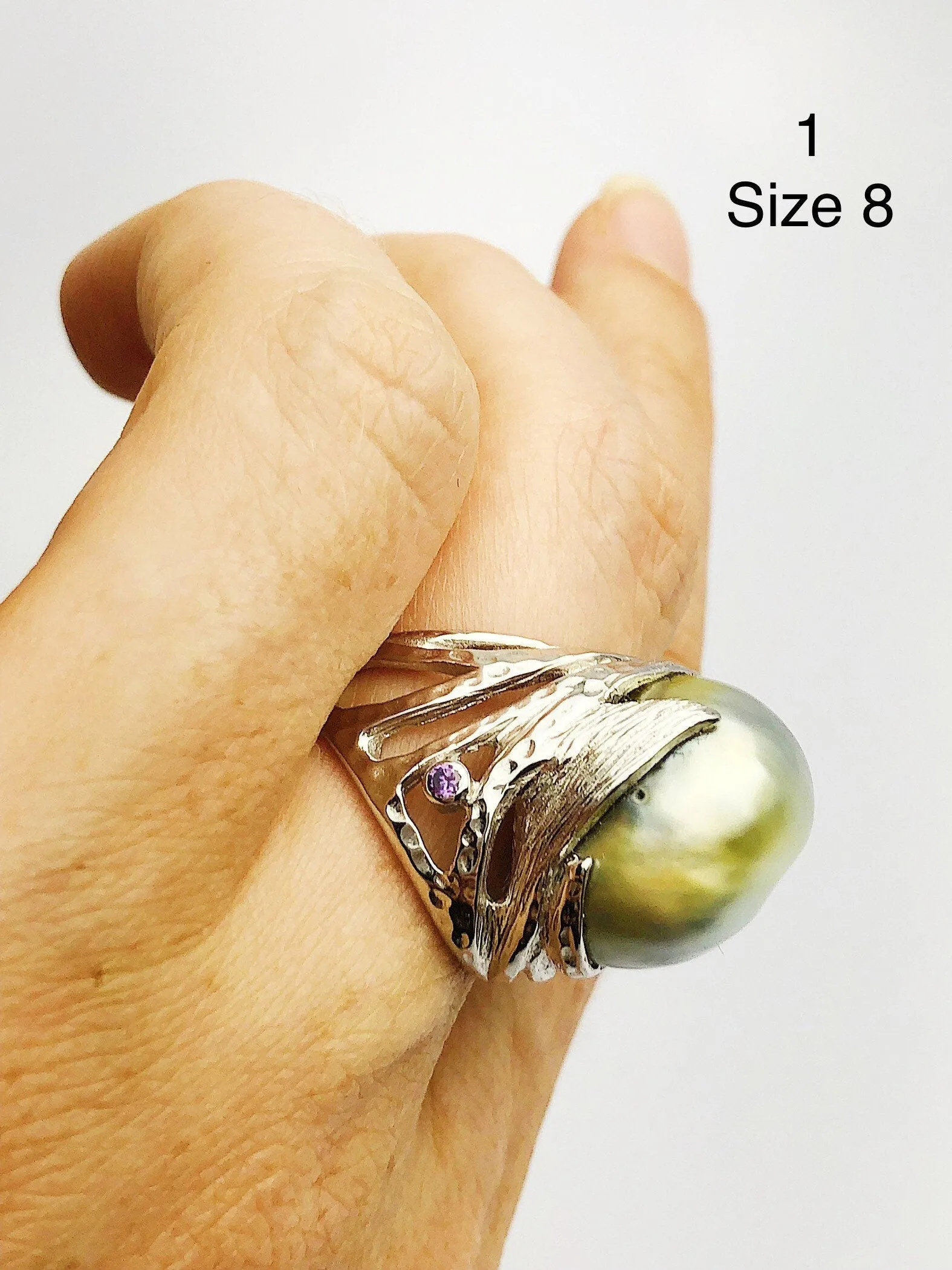 Handcarved Sterling Silver South Sea Pearl Rings - Natural Color - Southsea Pearls - Statement Ring (428 Size 8, 9.5, 10)