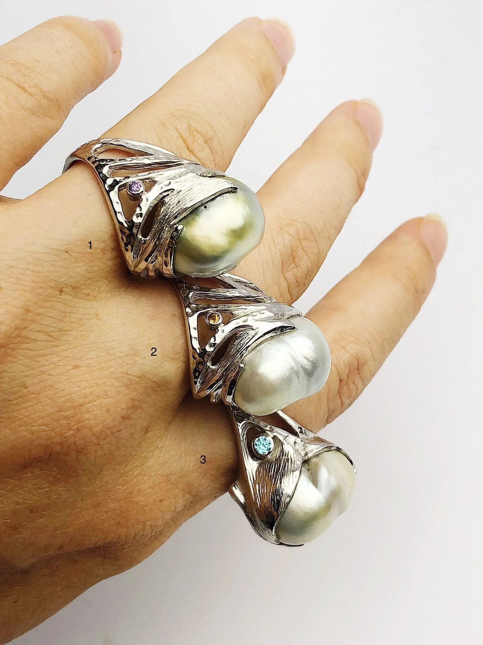 Handcarved Sterling Silver South Sea Pearl Rings - Natural Color - Southsea Pearls - Statement Ring (428 Size 8, 9.5, 10)