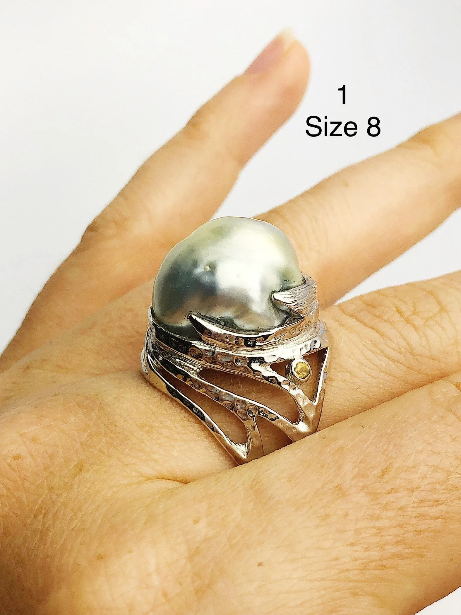 Handcarved Sterling Silver South Sea Pearl Rings - Natural Color - Southsea Pearls - Statement Ring (428 Size 8, 9.5, 10)