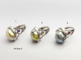 Handcarved Sterling Silver South Sea Pearl Rings - Natural Color - Southsea Pearls - Statement Ring (431 No. 1-3)