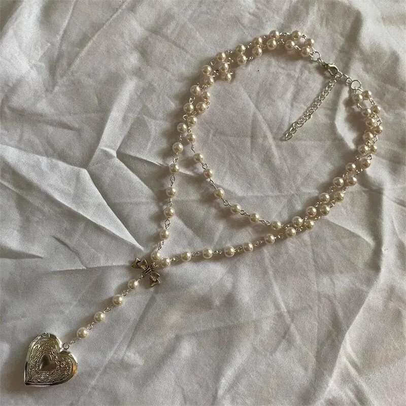 Handmade Pearl Heart-Shaped Small Box Pendant Beaded Chain Layered Necklace