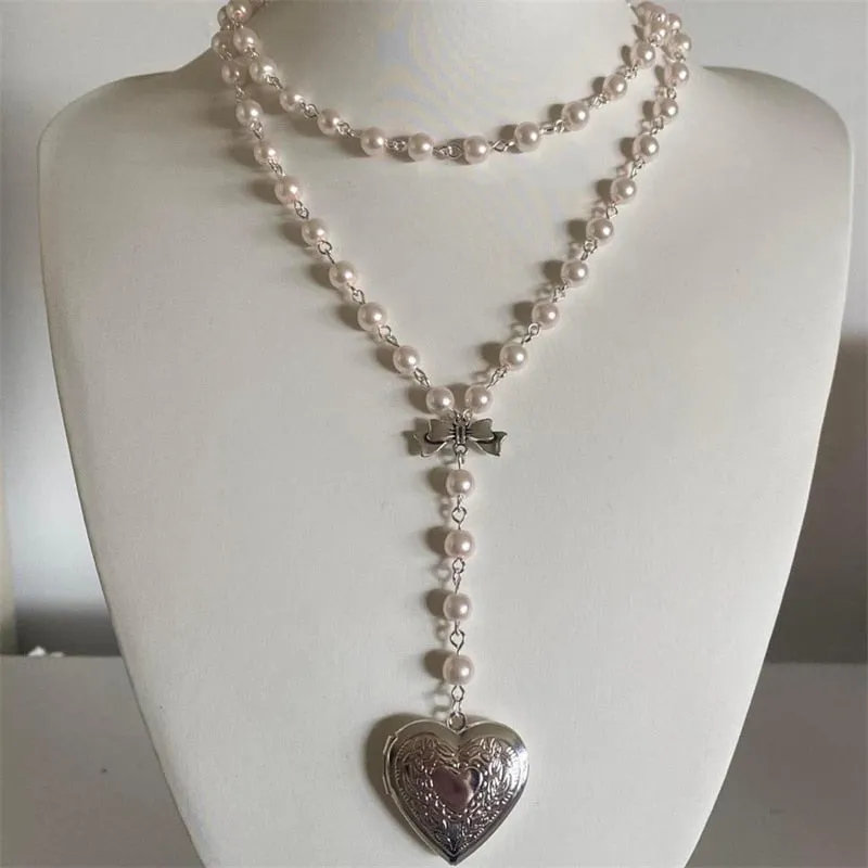 Handmade Pearl Heart-Shaped Small Box Pendant Beaded Chain Layered Necklace