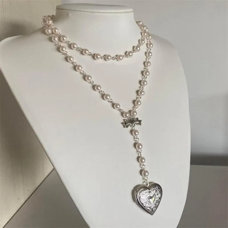 Handmade Pearl Heart-Shaped Small Box Pendant Beaded Chain Layered Necklace