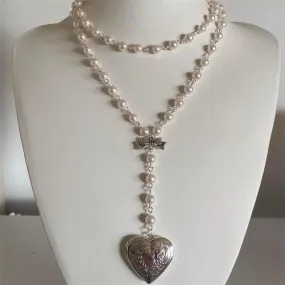 Handmade Pearl Heart-Shaped Small Box Pendant Beaded Chain Layered Necklace