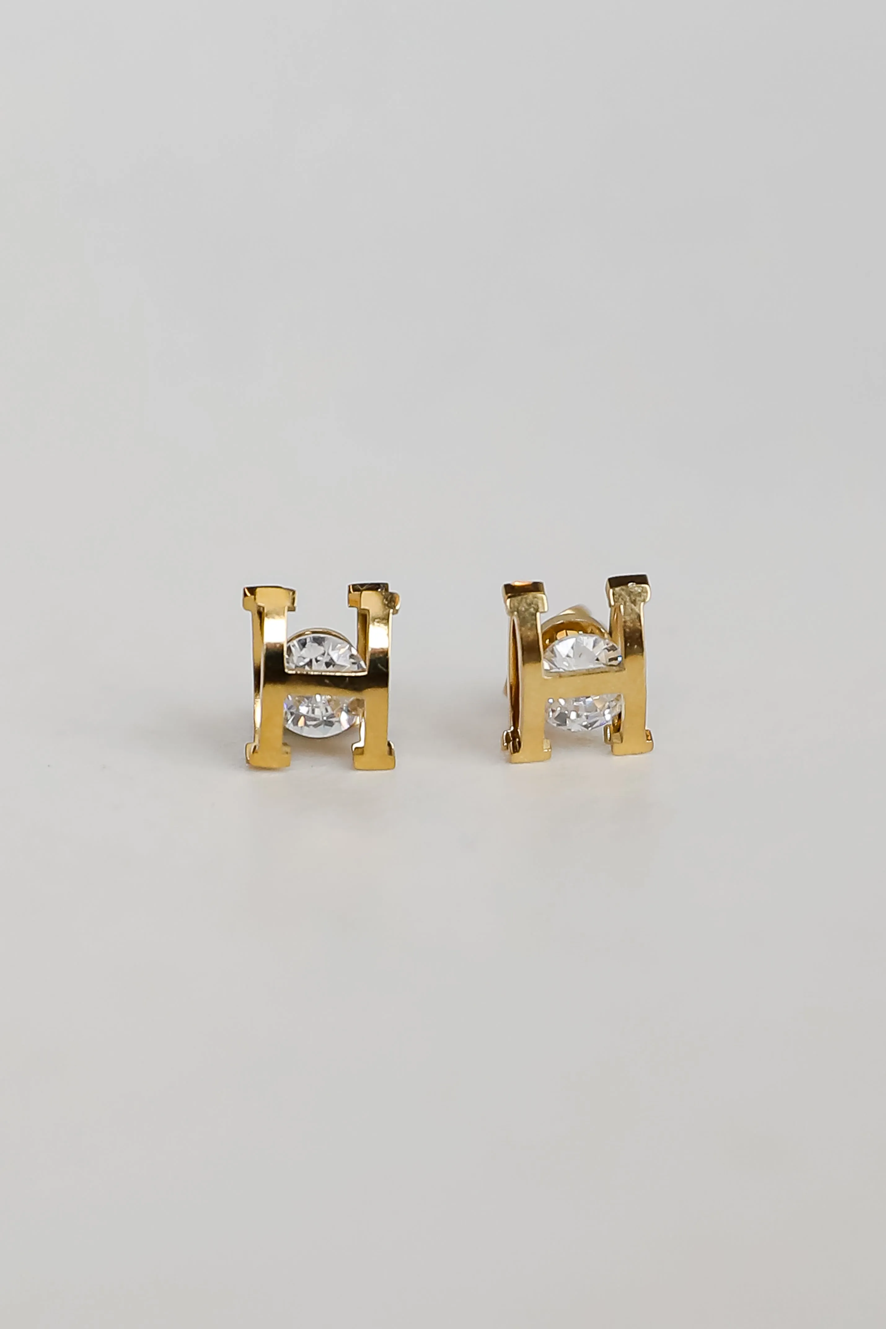 Hayley Gold "H" Rhinestone Stud Earrings