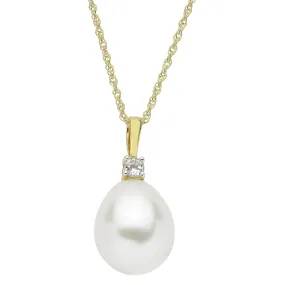 Imperial Pearls Drop Shape Cultured Freshwater Pearl/White Topaz Pendant/18" Curb Chain - 14K Gold Plated Sterling Silver - 11-12MM