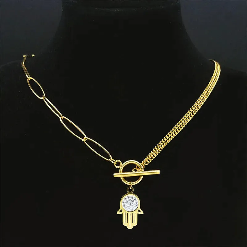 Islam Hand Crystal Stainless Steel Chain Necklaces Women Gold Color Choker Necklace