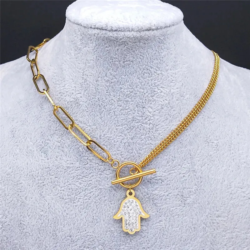 Islam Hand Crystal Stainless Steel Chain Necklaces Women Gold Color Choker Necklace