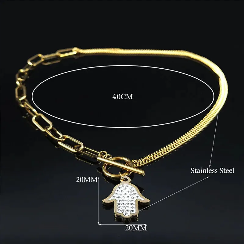 Islam Hand Crystal Stainless Steel Chain Necklaces Women Gold Color Choker Necklace